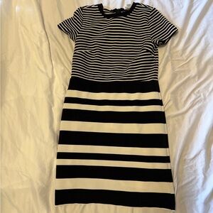 LOFT Black and White Striped Midi Dress